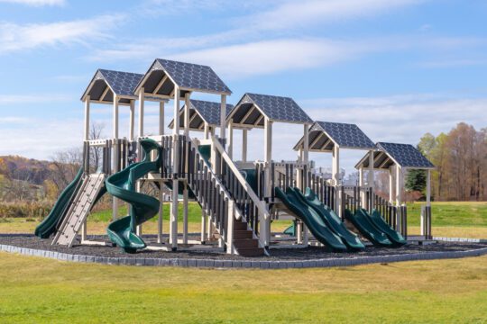 This image shows a large ivory, brown, and green commercial playground from King Swings.